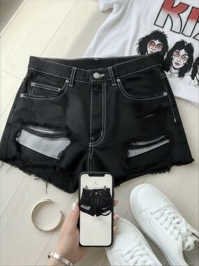 Camar for LF - High-Rise Black Distressed Denim Cutoff Shorts